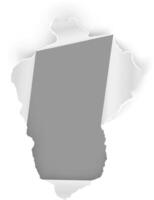 White sheet of paper featuring torn edges creates an irregular shaped hole, revealing a gray background underneath. This design enhances contrast and depth, adding visual interest vector