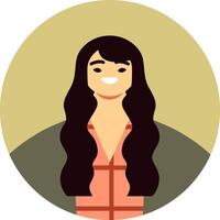 Modern, minimalist illustration featuring a smiling young woman with long, flowing black hair, set against a muted green circular backdrop, conveying a sense of confidence and approachability vector