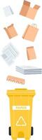 Different types of paper waste, including cardboard boxes, newspapers, and bags, falling into a yellow recycling bin labeled for paper, highlighting the importance of recycling for sustainability vector