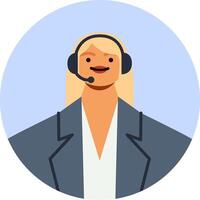 Blond female call center agent wearing a headset and smiling, providing friendly customer service. Avatar icon set in a circle, featuring a flat illustration design vector