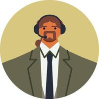 Confident businessman wearing a headset, providing customer support, answering questions, and resolving issues in a dynamic call center environment, showcasing professionalism and expertise vector