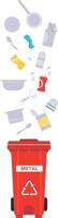 Different metal objects, including cans, pans, and utensils, are falling into a red recycling bin labeled metal, emphasizing the importance of metal recycling for environmental sustainability vector