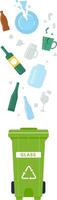 Different types of glass containers, including bottles, cups, and a broken plate, falling into a green recycling bin, highlighting the importance of glass recycling and effective waste sorting vector