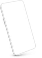 Modern white smartphone featuring a blank screen, floating effortlessly against a clean white background. Highlighting thin rounded edges, volume buttons, and a power button for a sleek design vector