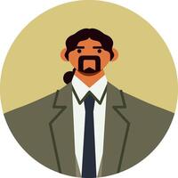 Portrait of a businessman wearing a suit and tie, featuring long dark hair styled in a ponytail and a distinctive goatee, conveying professionalism and individual style vector
