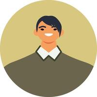 Illustration presents a smiling asian man with dark hair and a white collar, creating a friendly and approachable profile image against a light yellow circular backdrop vector