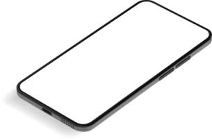Perspective view of a sleek black smartphone featuring a blank white screen, ideal for showcasing mobile app designs against a clean white background with subtle shadows vector