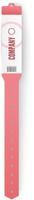 Pink wristband with adjustable closure, featuring company logo, barcode, and space for additional information, designed for event access control and identification vector