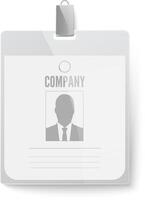 Generic identification card hanging with a metallic clip, featuring a company logo, the silhouette of a businessman, and empty lines for personal information vector