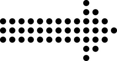 Black dots arranged in rows and columns creating an arrow pointing to the right side against a clean white background, symbolizing direction, movement, and progress vector