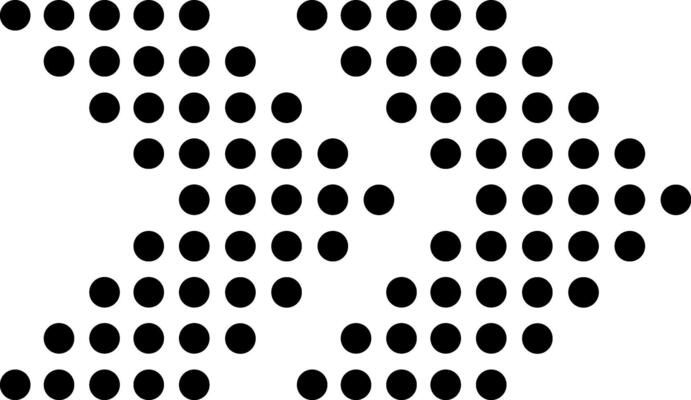 Black dots of increasing size forming arrows pointing in different directions on a white background create a dynamic and abstract visual pattern
