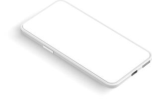 White smartphone with blank screen showing power button and speaker grill casting a shadow on a white background, perfect for showcasing mobile apps or websites vector