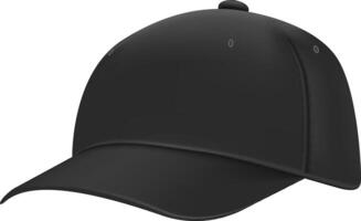 Black baseball cap positioned at a slight angle, revealing its side, ideal for mockups and displaying custom designs, logos, or branding elements in a clean, modern style vector
