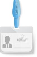Professional id card hangs from a blue lanyard, showcasing a company logo and employee photo, emphasizing corporate identity and access within a business environment vector