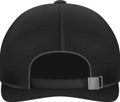 Back view of a realistic black baseball cap mockup featuring an adjustable metal closure, ideal for displaying custom designs and logos in various branding contexts vector
