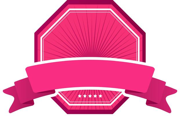 Radiating confidence and quality, a pink octagonal label featuring a ribbon and five stars captures attention, making it ideal for branding and promotional materials