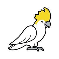 Flat illustration of a stylized cockatoo with white body, yellow crest, and light gray beak, minimalistic design, cartoonish style, plain white background vector
