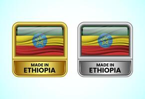 Made in Ethiopia label icon in gold and silver color. Flag icon set for business vector
