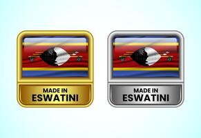 Made in Eswatini label icon in gold and silver color. Flag icon set for business vector