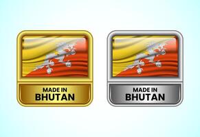 Made in Bhutan label icon in gold and silver color. Flag icon set for business vector