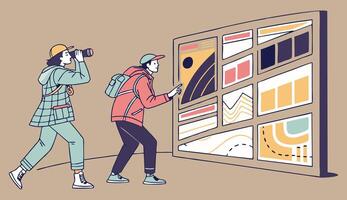 Exploring new destinations, tourists using binoculars and interactive map on digital touchscreen to plan their trip vector