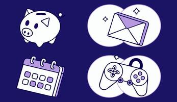 Basic drawing of a piggy bank, calendar, mail, and gamepad representing savings, organization, communication, and gaming vector