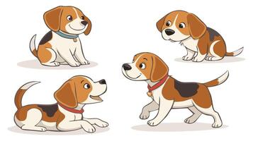 Set of adorable beagle puppies in various poses, showcasing playful and charming expressions vector