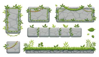 Stone game assets with lianas and leaves, creating a jungle or forest atmosphere for 2d platformers or other game projects vector