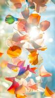 Petals arranged in a sunburst pattern behind glass, photorealistic photo