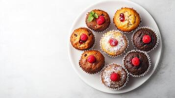 Top-down view of muffins on a round white plate, culinary photography photo