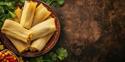 Top-down view of tamales with corn husks wrapped around the filling, neatly arranged on a dish, culinary photography photo
