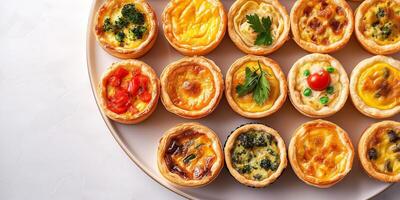 Mini quiches displayed in a grid on a large platter, culinary photography photo