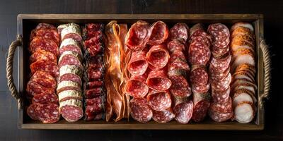 Variety of cured meats displayed evenly on a rectangular tray, culinary photography photo