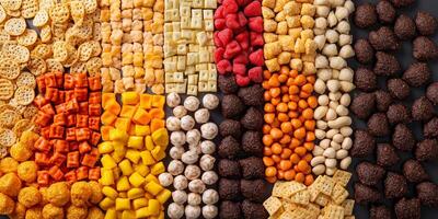 Variety of small snack items arranged in grid pattern on serving surface, food photography photo