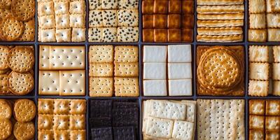 Crackers displayed in a grid formation on a tray, food photography photo