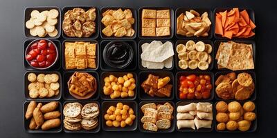 Variety of small snack items arranged in grid pattern on serving surface, culinary photography photo