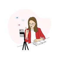 A female blogger in front of a smartphone camera, recording, taking a photo. A live broadcast, blog displayed on mobile phone screen. vector