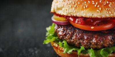 Close-up of an assembled burger with visible fillings, culinary photography photo
