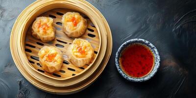 Close-up of dim sum in a bamboo steamer basket with a dipping sauce, culinary photography photo