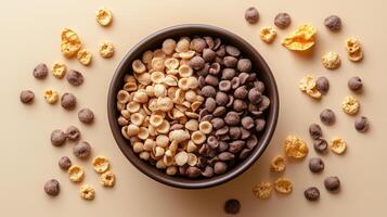 Close-up of cold cereals inside a bowl with scattered pieces, food photography photo
