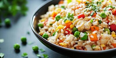 Close-up of fried rice with vegetables and protein in a serving dish, culinary photography photo