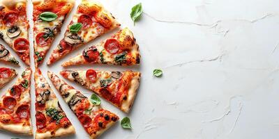 Pizza slices laid out in a line, highlighting the consistency in crust and toppings, food photography photo
