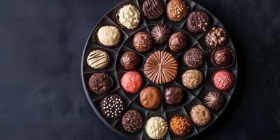 Pralines displayed in a circular pattern on a serving platter, culinary photography photo