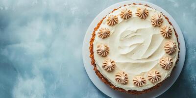 Carrot cake with visible layers and minimal decorations on top, photorealistic food photo