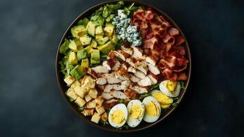 Cobb salad in a large bowl with rows of chicken, bacon, avocado, eggs, and blue cheese, gastronomy photography photo