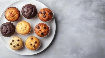 Top-down view of muffins on a round white plate, photorealistic food photo