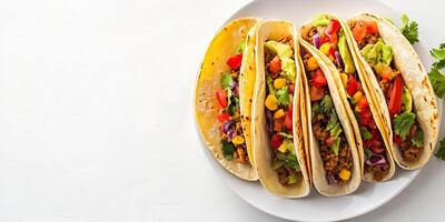 Top-down view of tacos with visible fillings, neatly arranged on a plain white dish, gastronomy photography photo