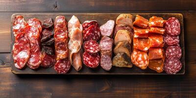 Variety of cured meats displayed evenly on a rectangular tray, gastronomy photography photo
