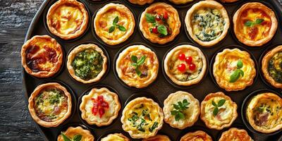 Mini quiches displayed in a grid on a large platter, gastronomy photography photo