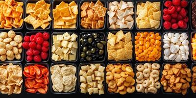 Variety of small snack items arranged in grid pattern on serving surface, photorealistic food photo